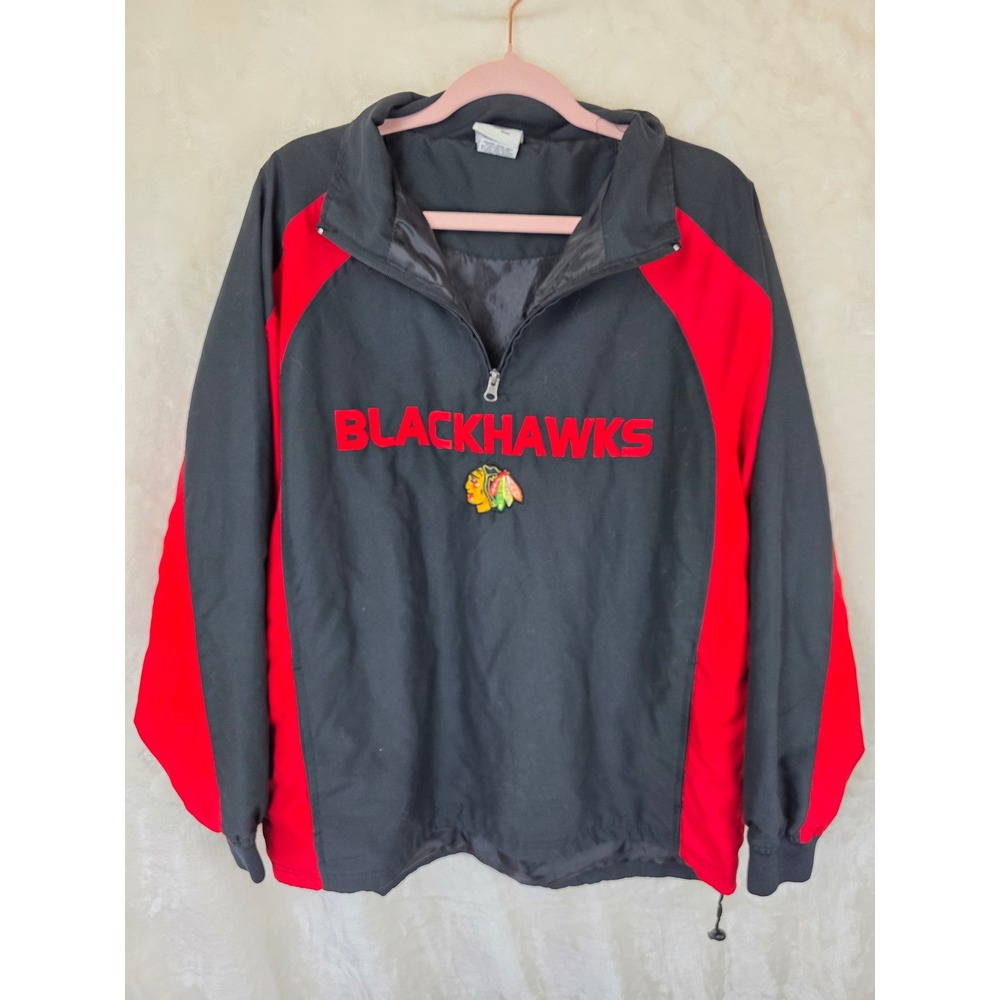 NHL Chicago Blackhawks Quarter Zip Windbreaker Jacket Mens Medium Black Red‎